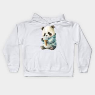 Panda Eating Ice Cream watercolor cute Kids Hoodie